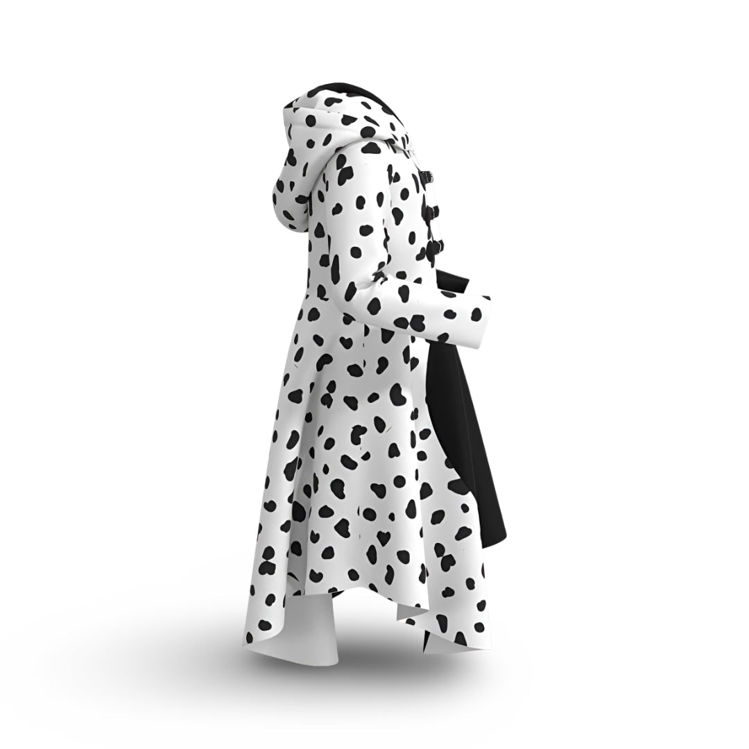 Halloween Cruella Costume Dress with Spotted Cape Hood and Dalmatian Print for Party Cosplay