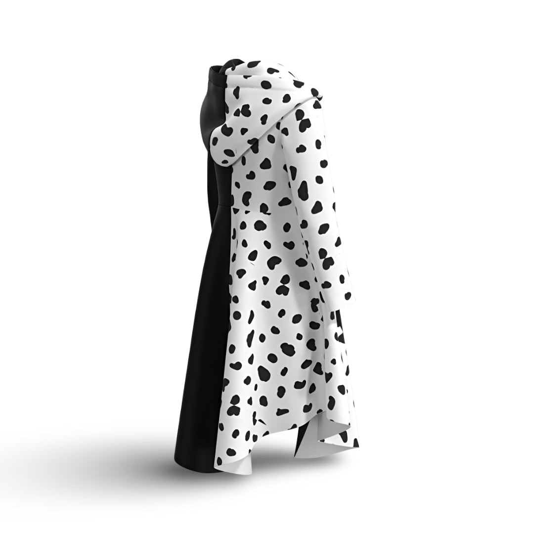 Halloween Cruella Costume Dress with Spotted Cape Hood and Dalmatian Print for Party Cosplay