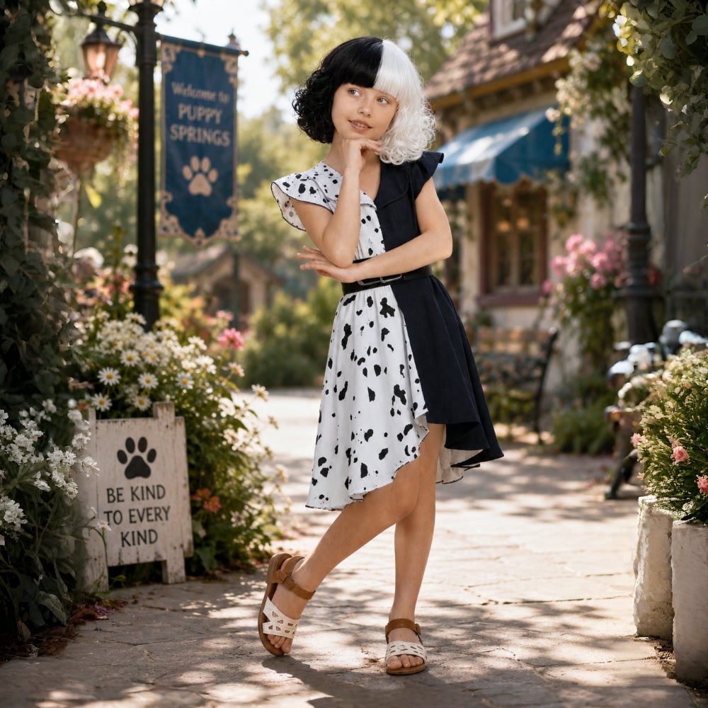 Halloween Cruella De Vil Costume for Children with Spotted Cape and Wig