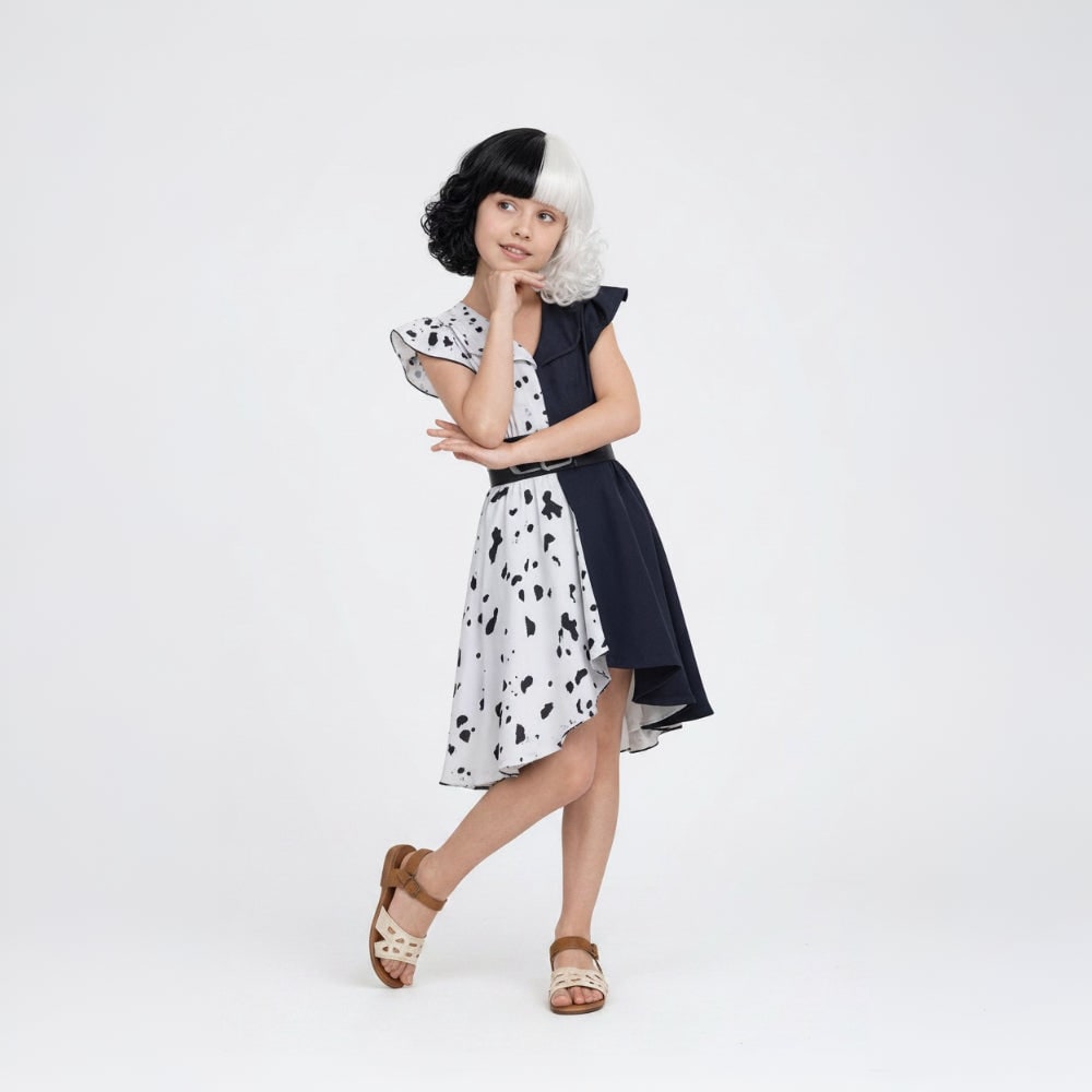 Halloween Cruella De Vil Costume for Children with Spotted Cape and Wig