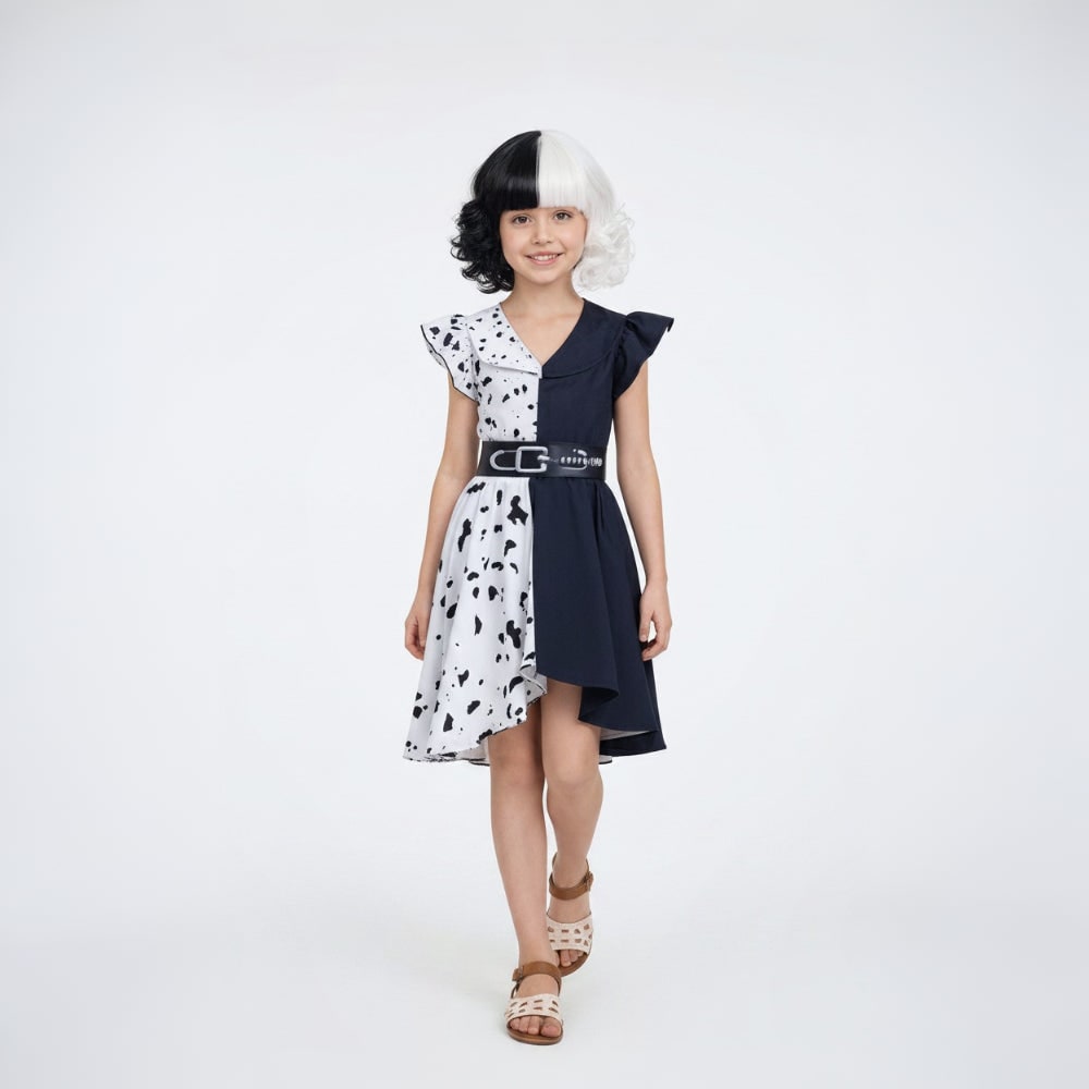 Halloween Cruella De Vil Costume for Children with Spotted Cape and Wig