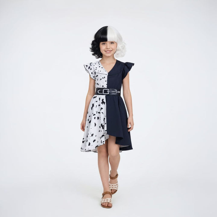 Halloween Cruella De Vil Costume for Children with Spotted Cape and Wig