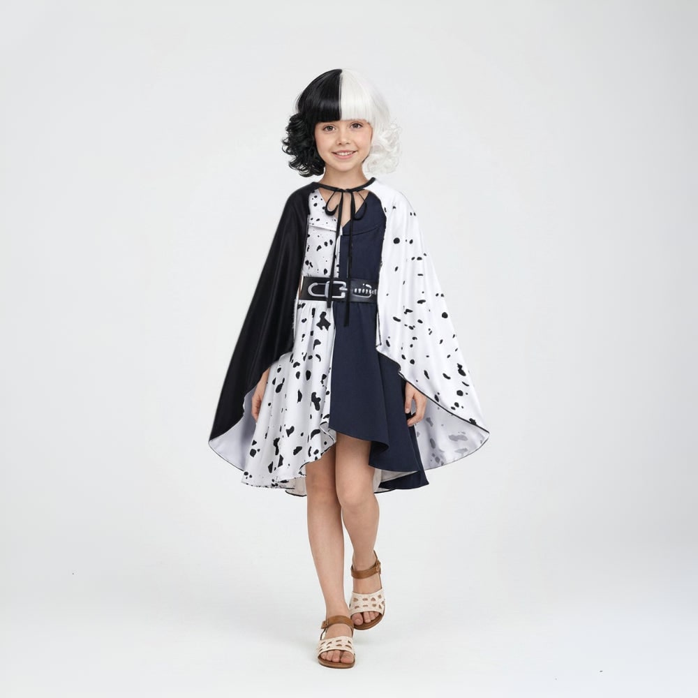 Halloween Cruella De Vil Costume for Children with Spotted Cape and Wig