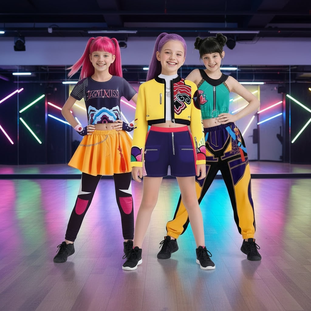 Halloween Dance Costume with Graphic Print Crop Top Pleated Skirt and Bomber Jacket
