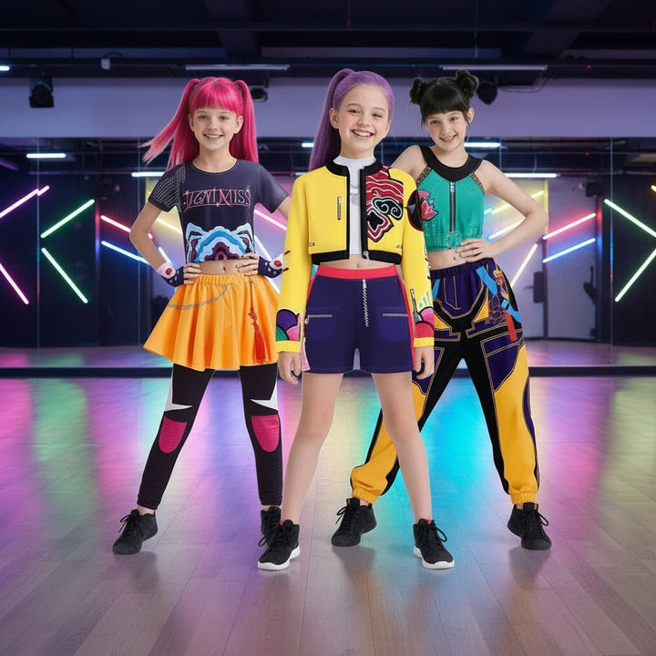 Halloween Dance Costume with Graphic Print Crop Top Pleated Skirt and Bomber Jacket
