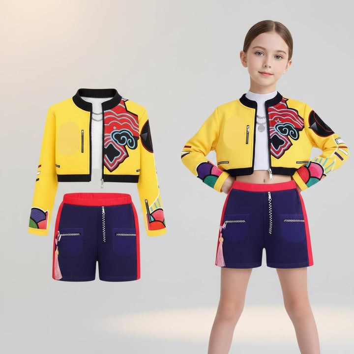 Halloween Dance Costume with Graphic Print Crop Top Pleated Skirt and Bomber Jacket