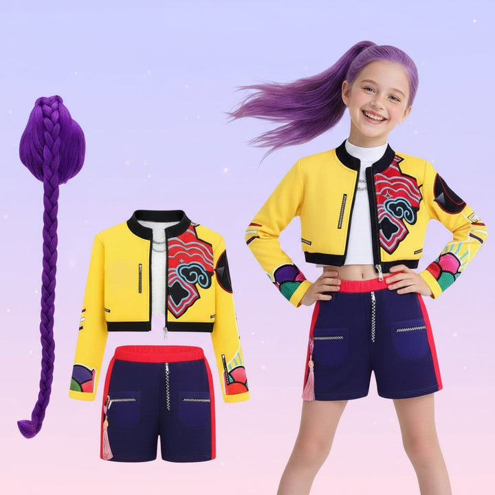 Halloween Dance Costume with Graphic Print Crop Top Pleated Skirt and Bomber Jacket