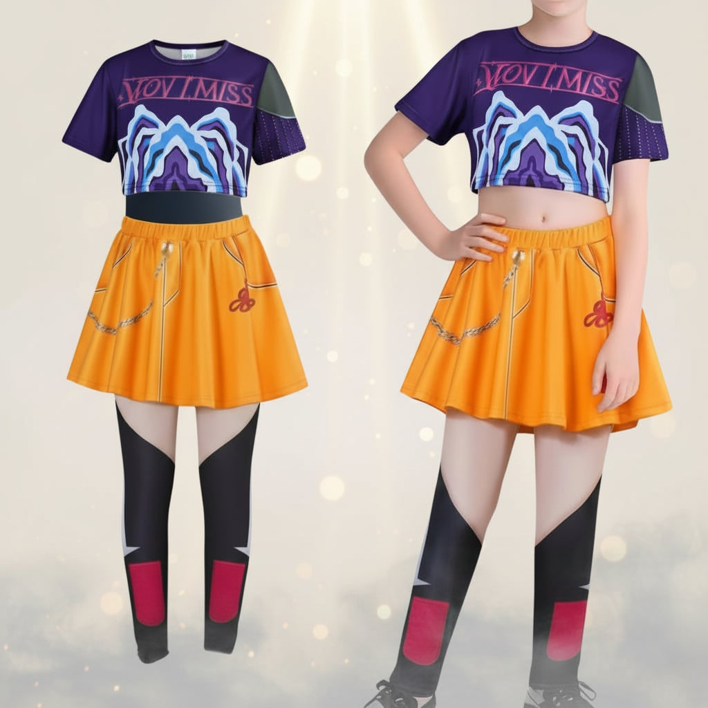 Halloween Dance Costume with Graphic Print Crop Top Pleated Skirt and Bomber Jacket