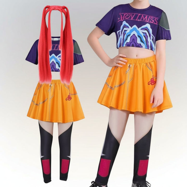 Halloween Dance Costume with Graphic Print Crop Top Pleated Skirt and Bomber Jacket