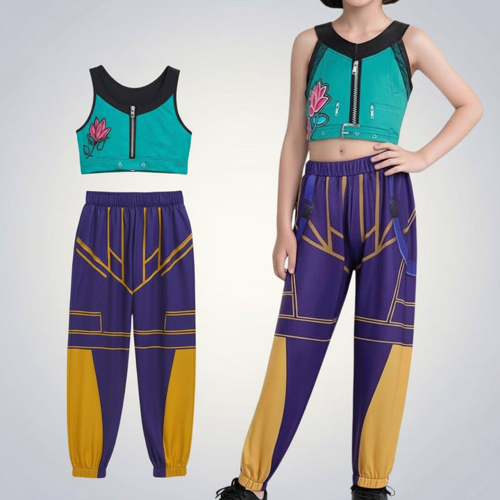 Halloween Dance Costume with Graphic Print Crop Top Pleated Skirt and Bomber Jacket