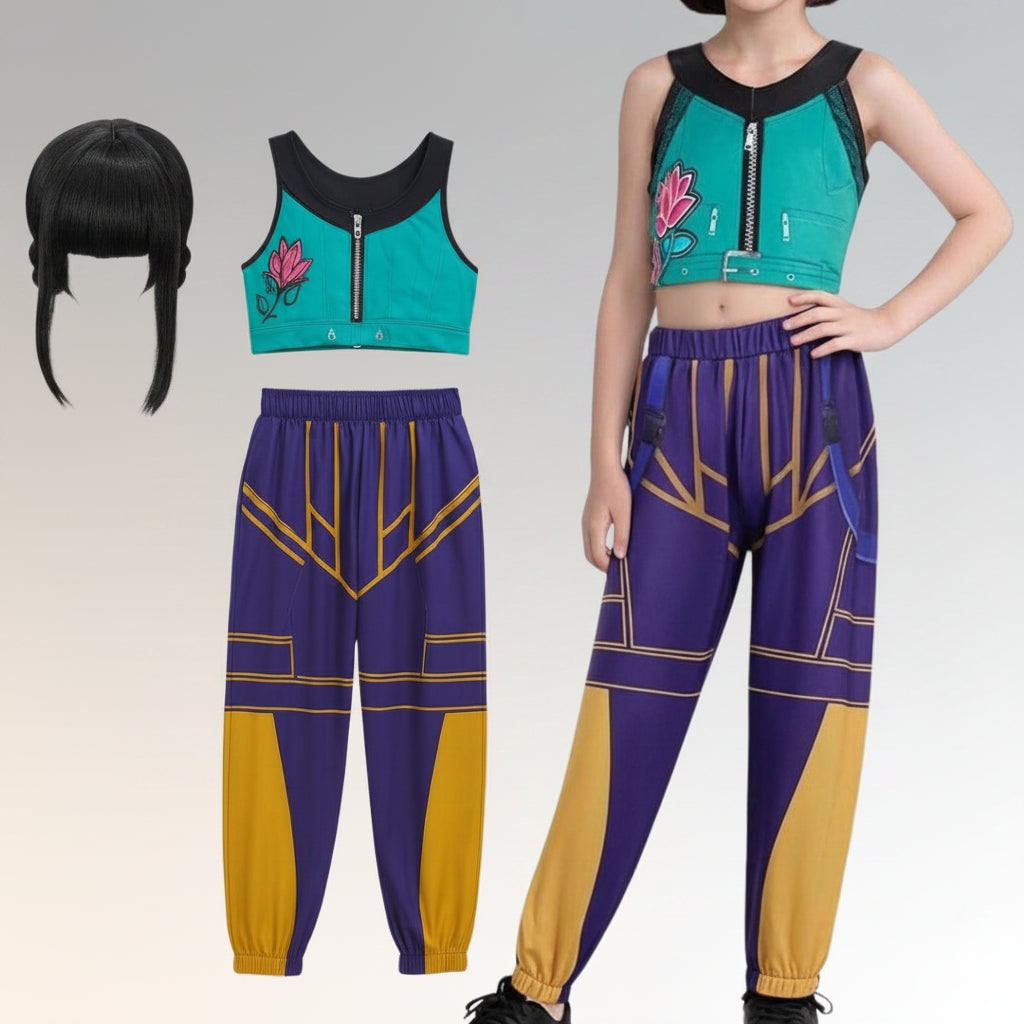 Halloween Dance Costume with Graphic Print Crop Top Pleated Skirt and Bomber Jacket