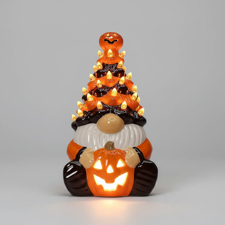 Halloween Decor Ceramic Gnome with Jack-O-Lantern LED Lights for Party Decorations