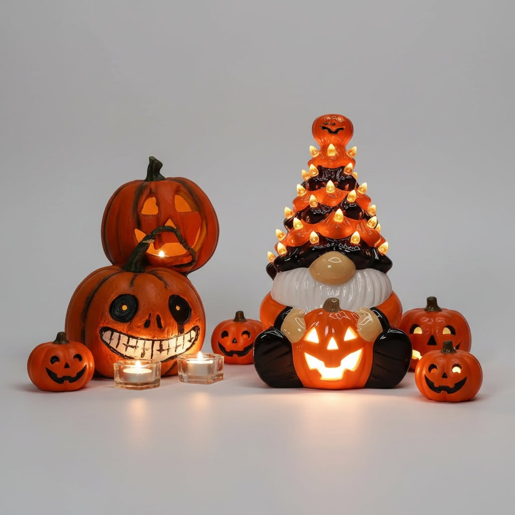 Halloween Decor Ceramic Gnome with Jack-O-Lantern LED Lights for Party Decorations