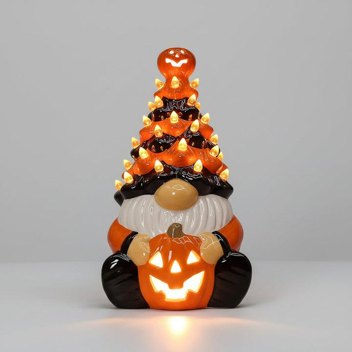 Halloween Decor Ceramic Gnome with Jack-O-Lantern LED Lights for Party Decorations