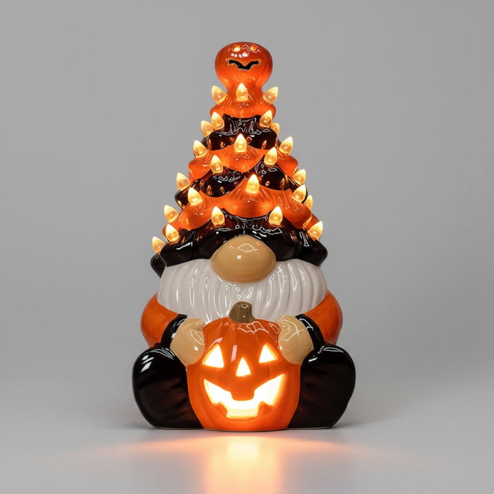 Halloween Decor Ceramic Gnome with Jack-O-Lantern LED Lights for Party Decorations