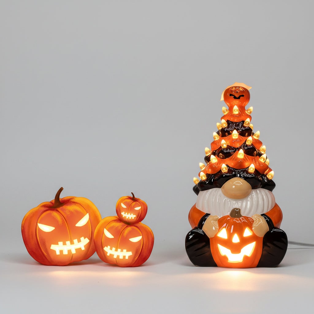 Halloween Decor Ceramic Gnome with Jack-O-Lantern LED Lights for Party Decorations