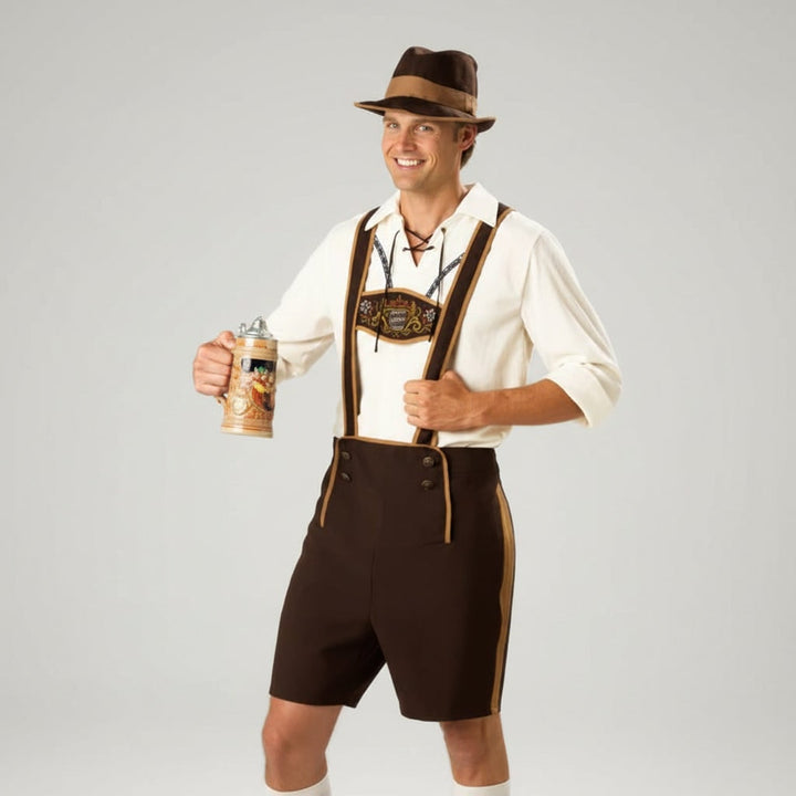Halloween Dirndl Oktoberfest Costume German Dress with Lederhosen and Suspenders for Party