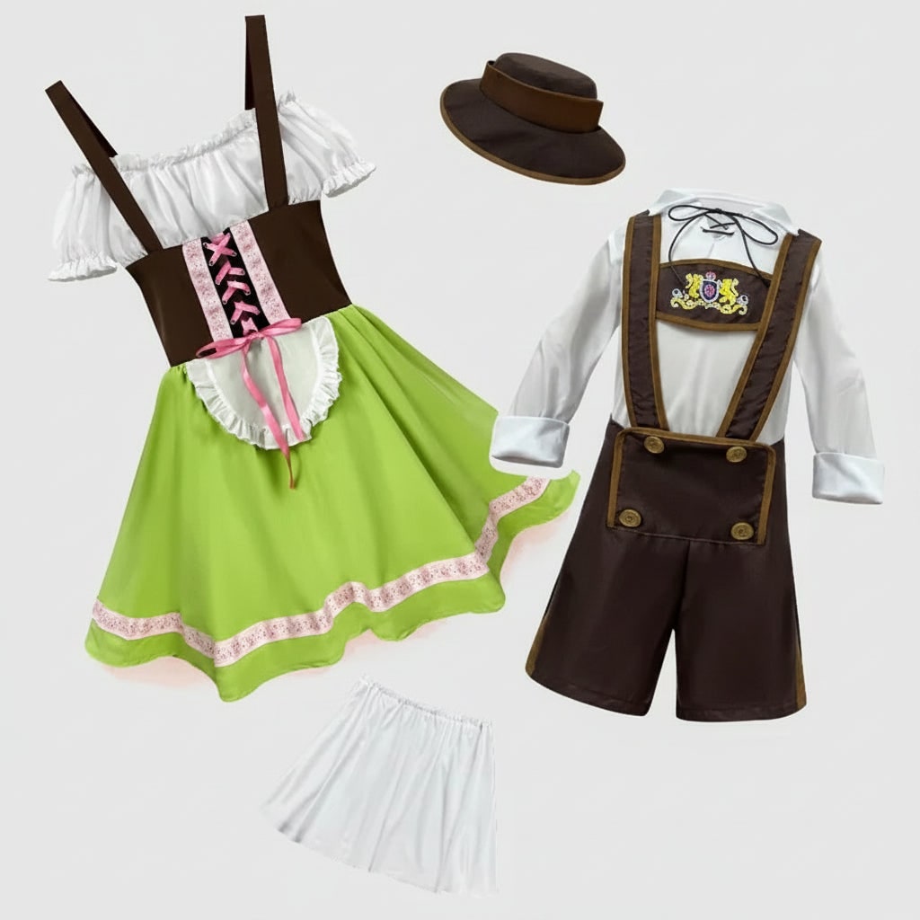 Halloween Dirndl Oktoberfest Costume German Dress with Lederhosen and Suspenders for Party