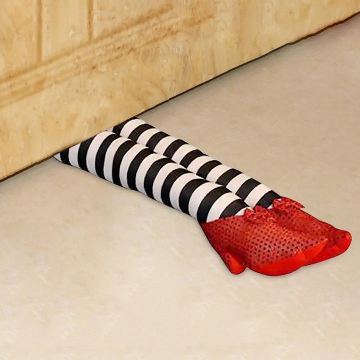 Halloween Door Stopper and Draft Blocker with Witch Legs Striped Design and Red Sequined Shoes