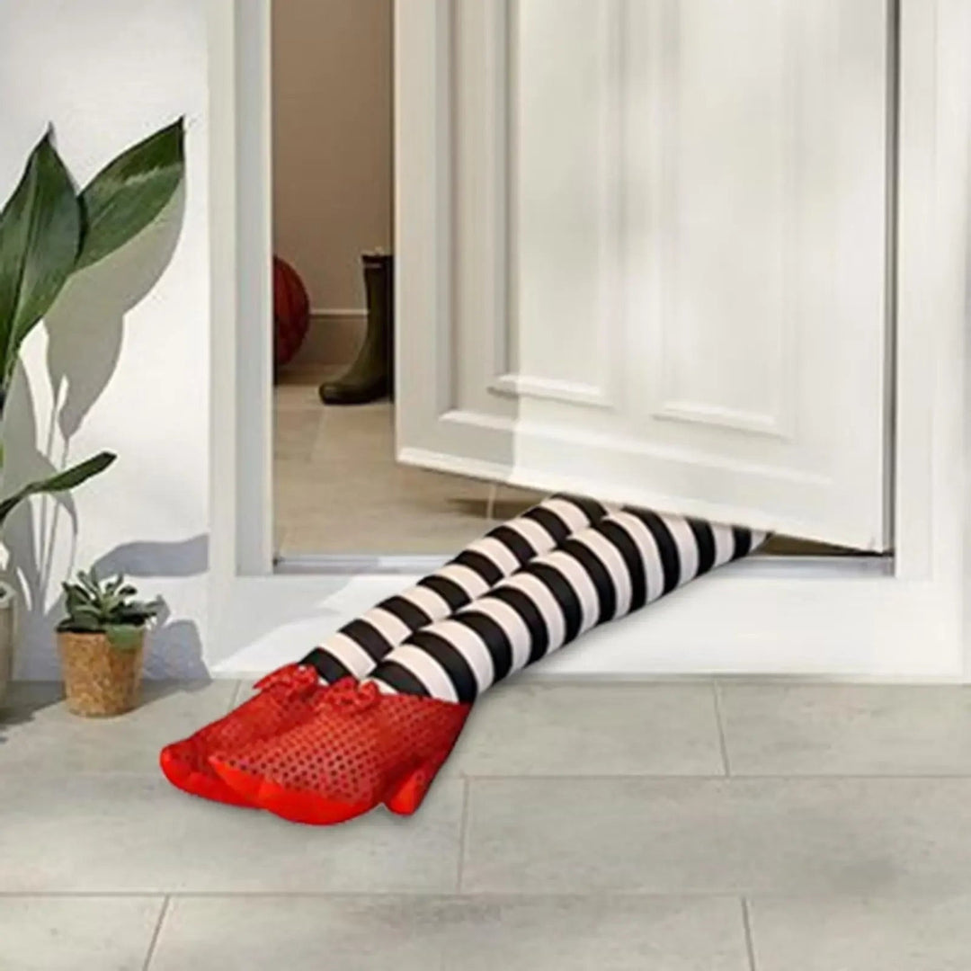 Halloween Door Stopper and Draft Blocker with Witch Legs Striped Design and Red Sequined Shoes