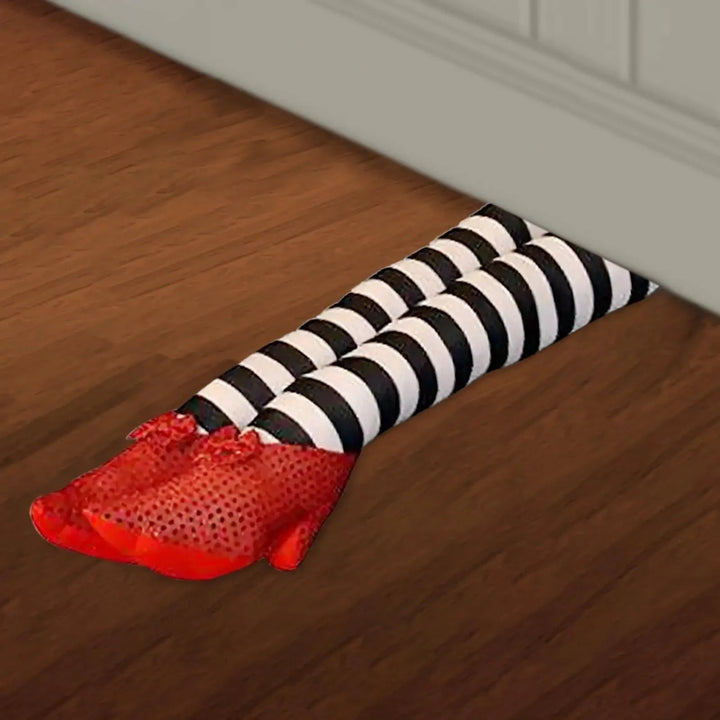 Halloween Door Stopper and Draft Blocker with Witch Legs Striped Design and Red Sequined Shoes