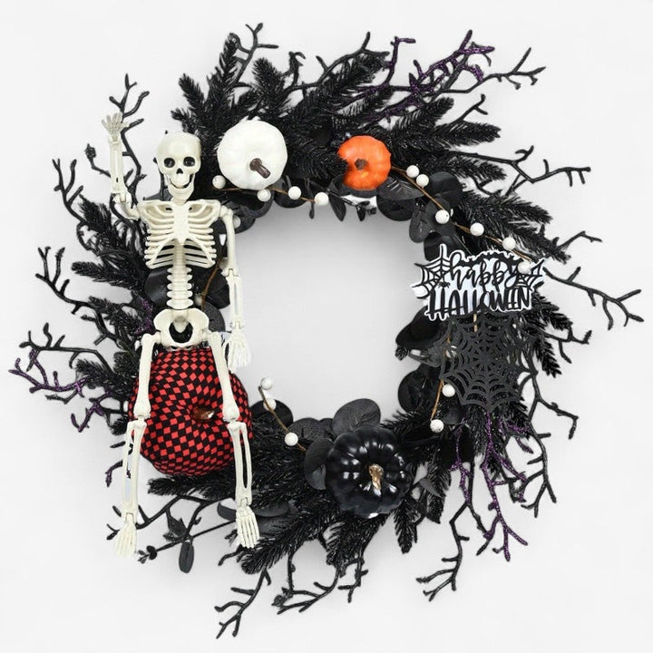 Halloween Door Wreath with Skeleton and Pumpkins for Party Decoration Jack O Lantern