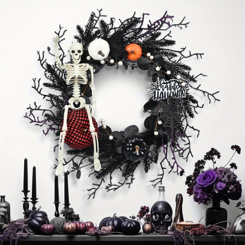 Halloween Door Wreath with Skeleton and Pumpkins for Party Decoration Jack O Lantern