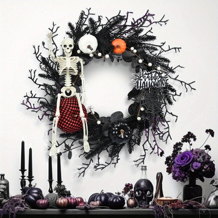 Halloween Door Wreath with Skeleton and Pumpkins for Party Decoration Jack O Lantern