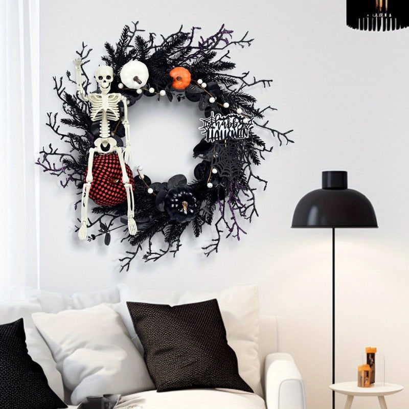 Halloween Door Wreath with Skeleton and Pumpkins for Party Decoration Jack O Lantern