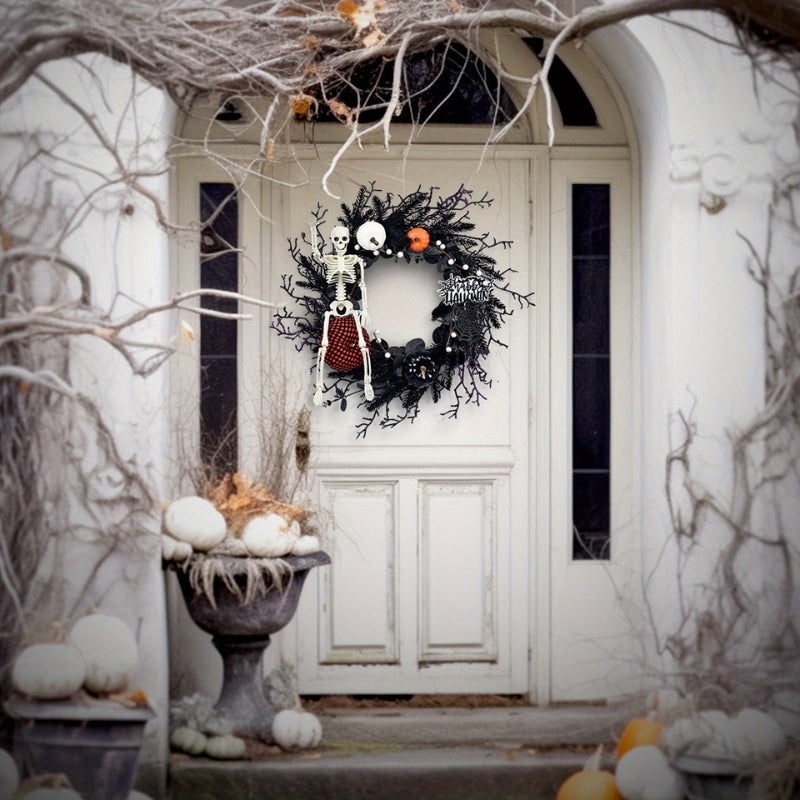 Halloween Door Wreath with Skeleton and Pumpkins for Party Decoration Jack O Lantern