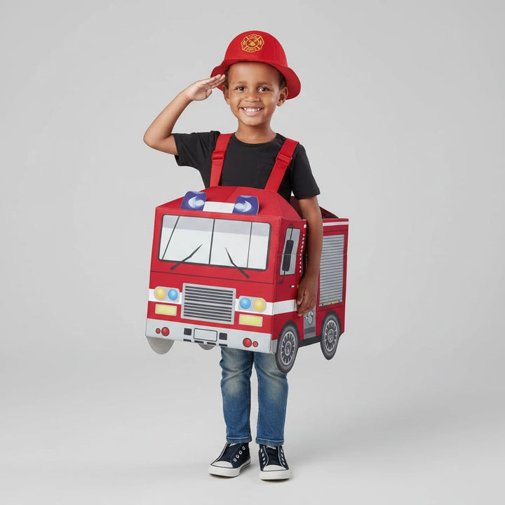 Halloween Firefighter Costume Outfit with Reflective Stripes and Fire Truck Design