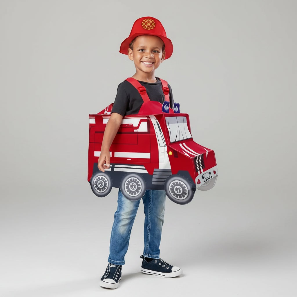 Halloween Firefighter Costume Outfit with Reflective Stripes and Fire Truck Design