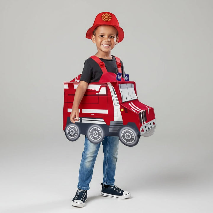 Halloween Firefighter Costume Outfit with Reflective Stripes and Fire Truck Design