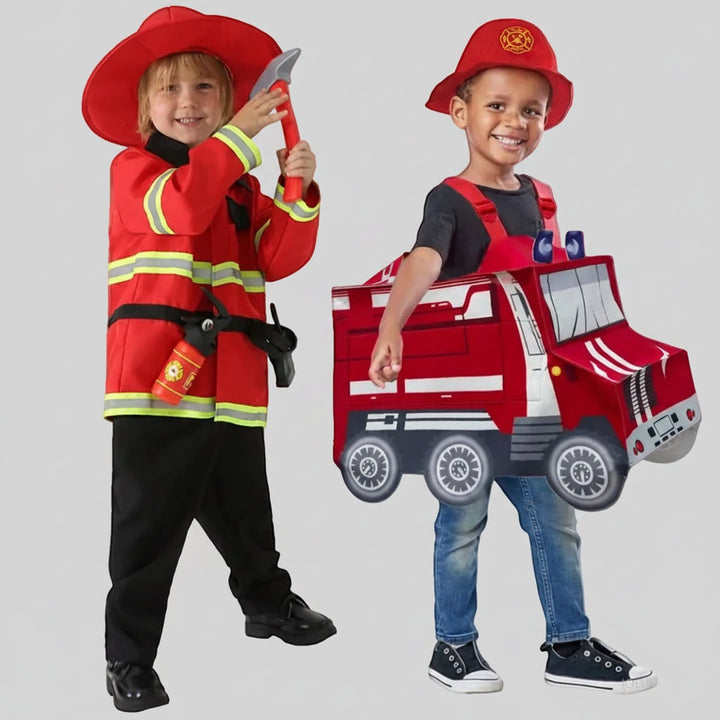 Halloween Firefighter Costume Outfit with Reflective Stripes and Fire Truck Design