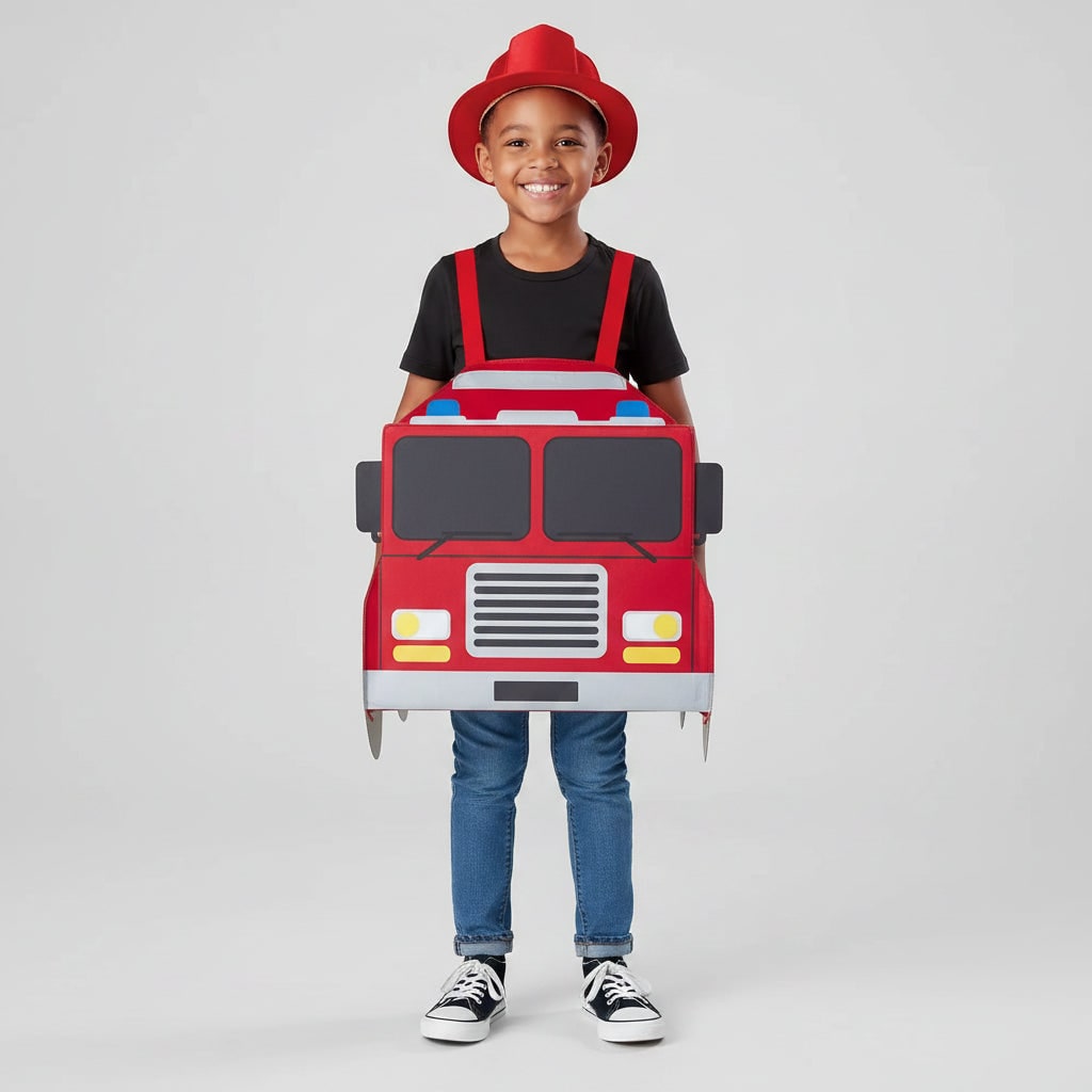 Halloween Firefighter Costume Outfit with Reflective Stripes and Fire Truck Design