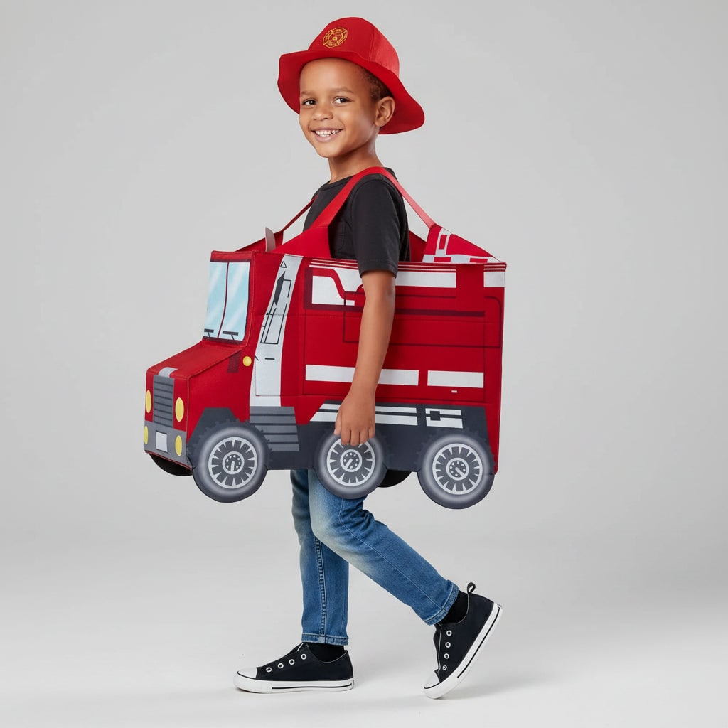 Halloween Firefighter Costume Outfit with Reflective Stripes and Fire Truck Design