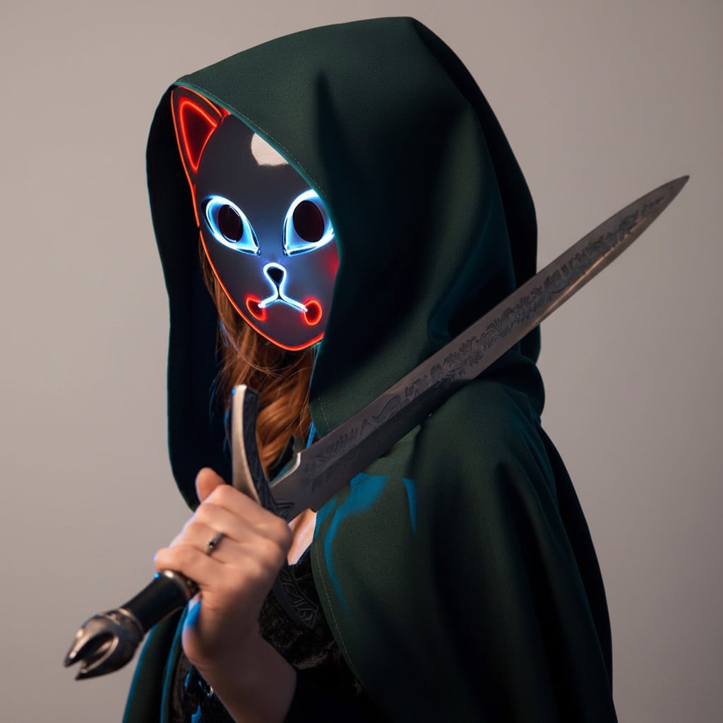 Halloween Fox Mask Cosplay Anime Costume with LED Light and El Wire Glowing Eyes