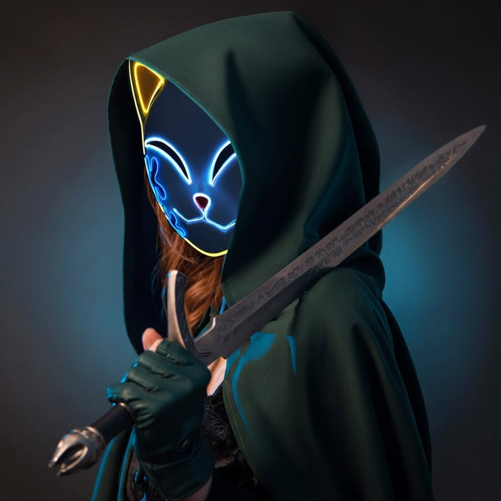 Halloween Fox Mask Cosplay Anime Costume with LED Light and El Wire Glowing Eyes