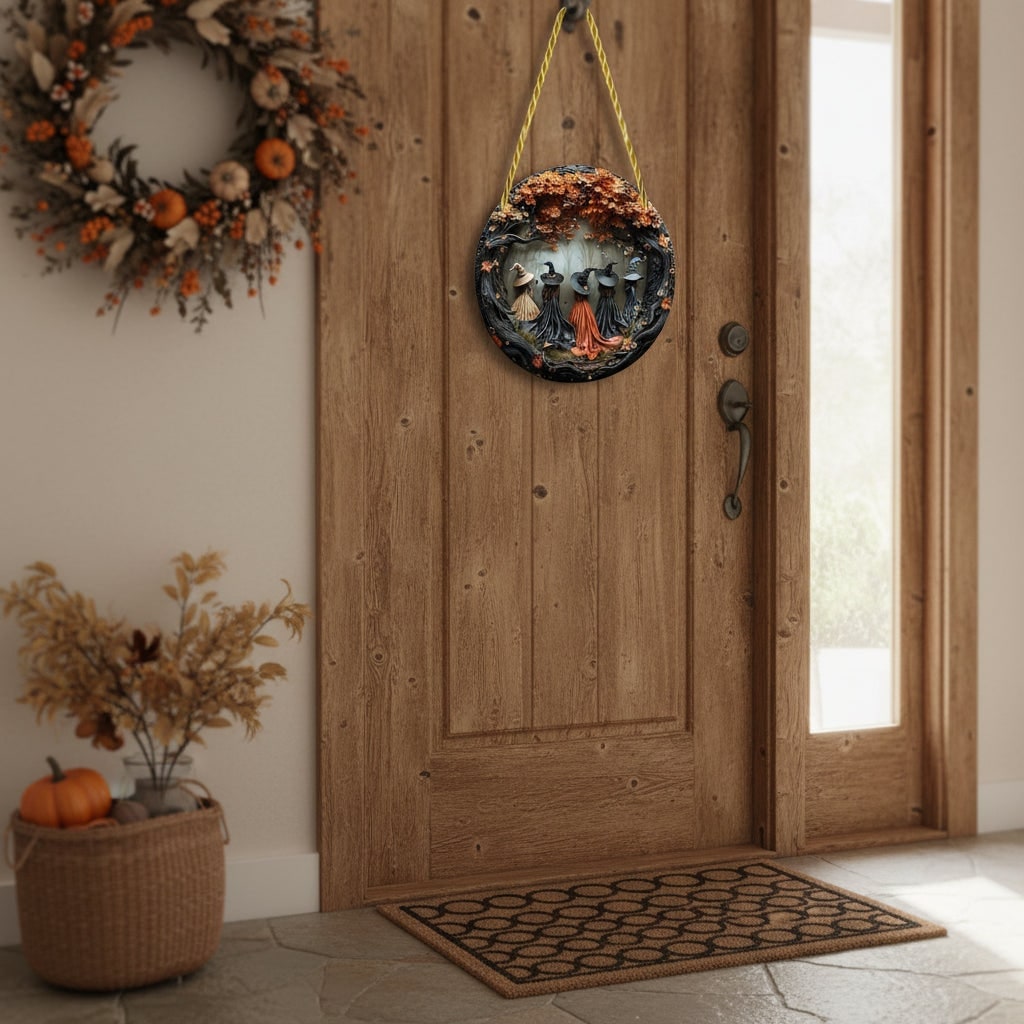 Halloween Front Door Decor Sign with 3D Witch Relief Hanging Decoration for Outdoor and Indoor