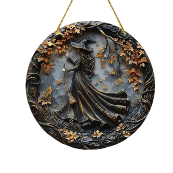 Halloween Front Door Decor Sign with 3D Witch Relief Hanging Decoration for Outdoor and Indoor