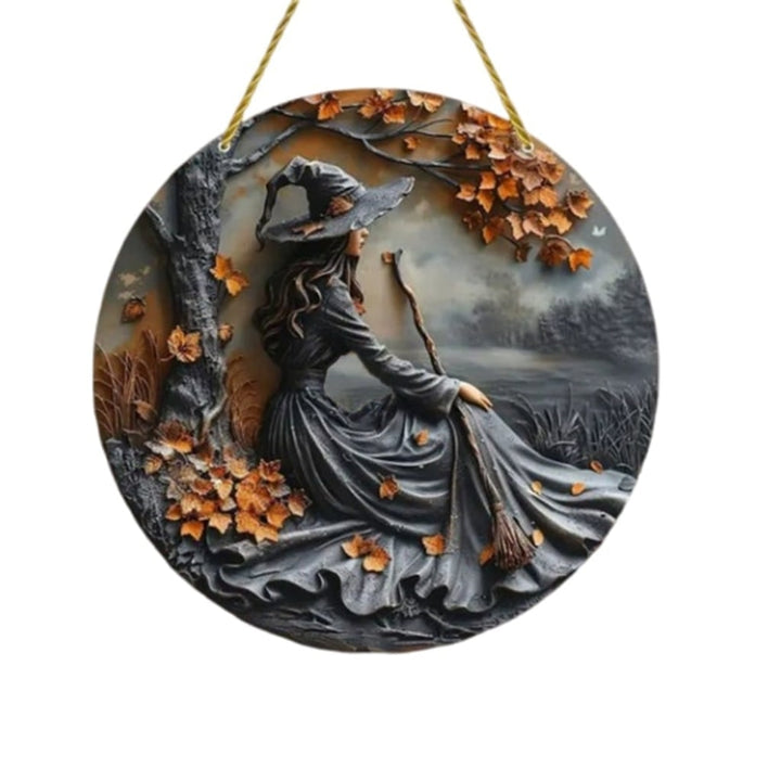 Halloween Front Door Decor Sign with 3D Witch Relief Hanging Decoration for Outdoor and Indoor