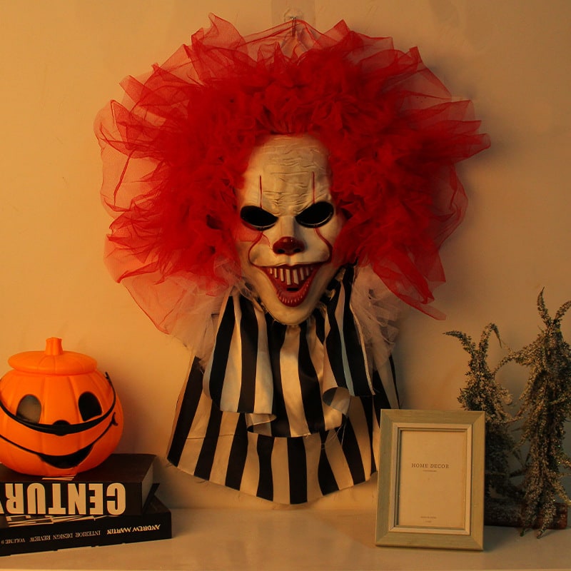 Halloween Garage Door Cover and Indoor Wall Decoration with Scary Clown Face and Red Tulle Hair