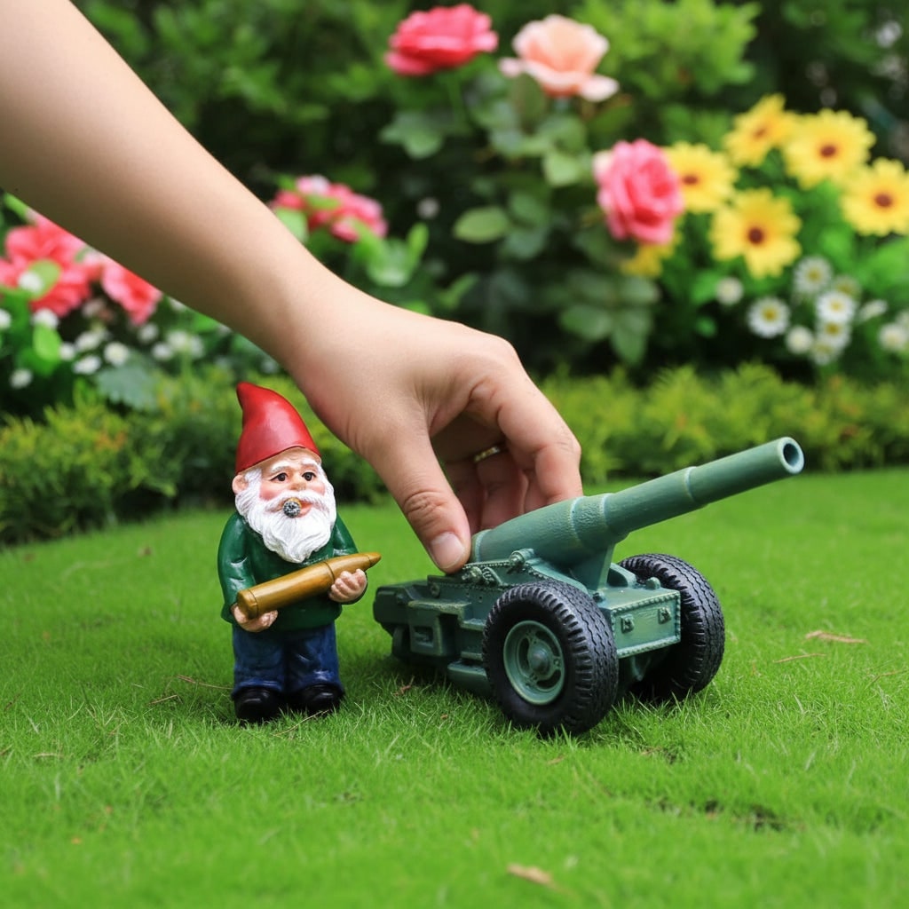 Halloween Garden Gnome Figurine and Cannon Resin Statue Set with Funny Smoking Design