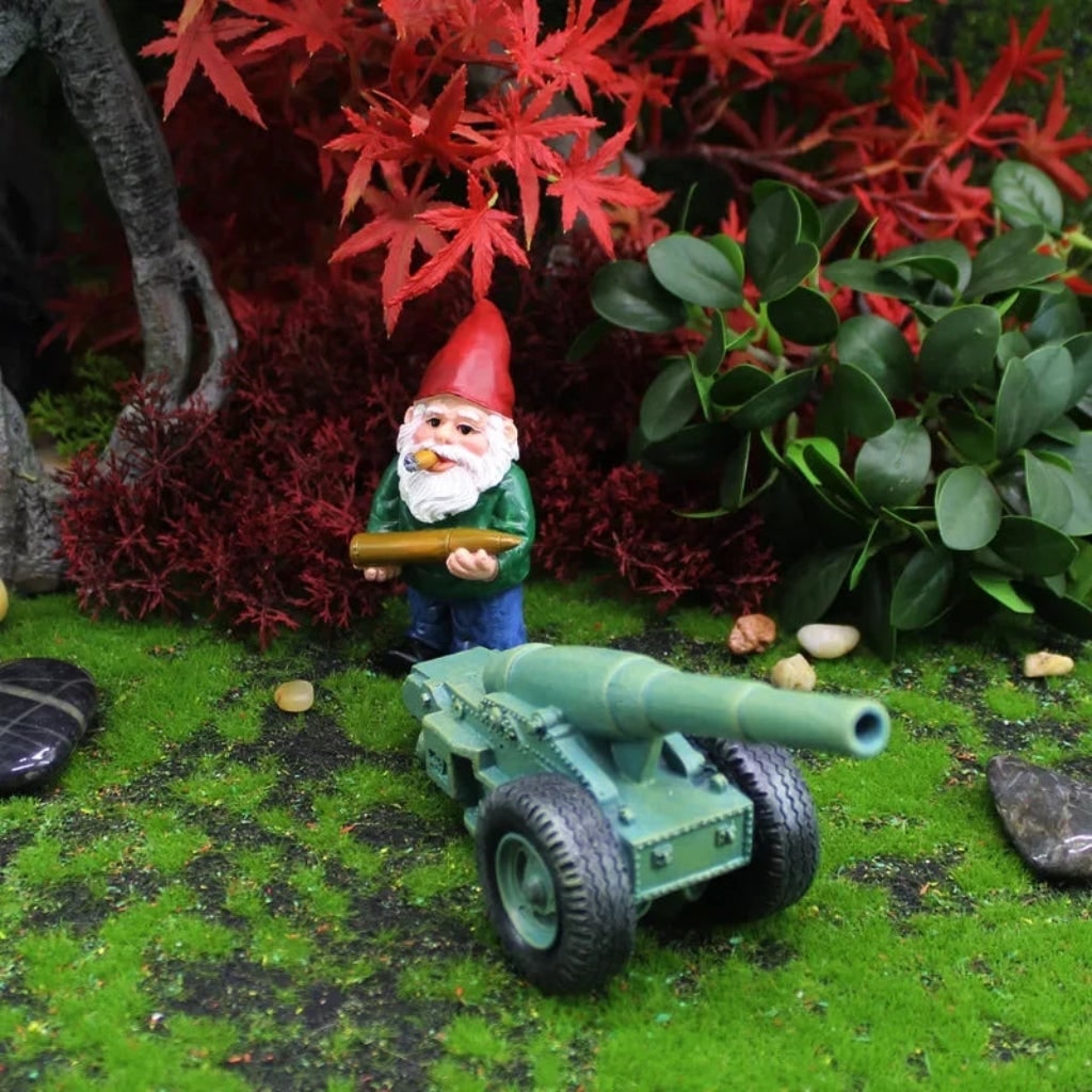 Halloween Garden Gnome Figurine and Cannon Resin Statue Set with Funny Smoking Design