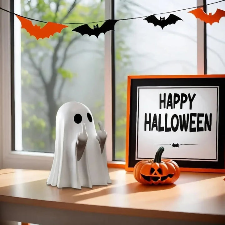 Halloween Ghost Decor Figurine with Middle Finger Gesture for Table and Spooky Party Decoration
