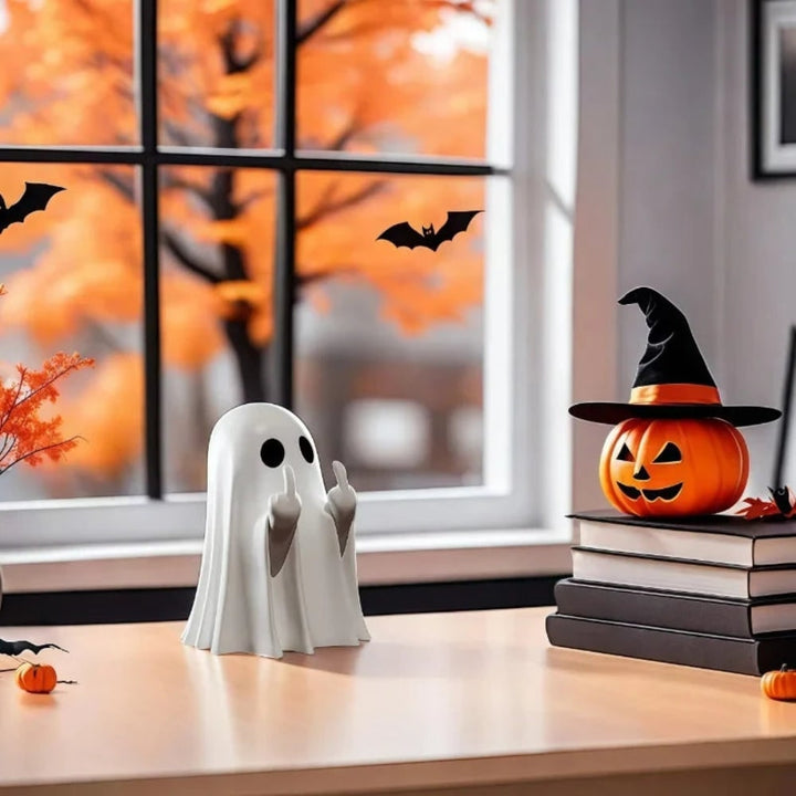 Halloween Ghost Decor Figurine with Middle Finger Gesture for Table and Spooky Party Decoration