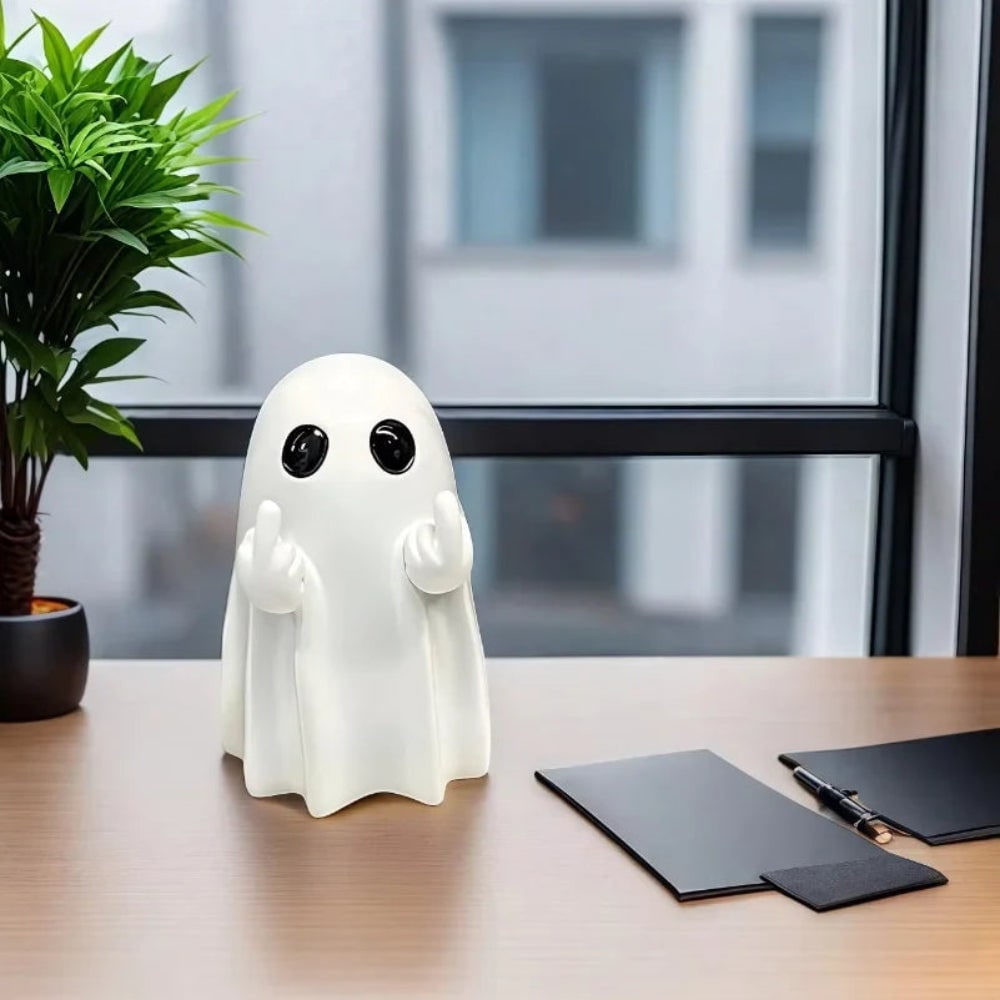 Halloween Ghost Decor Figurine with Middle Finger Gesture for Table and Spooky Party Decoration