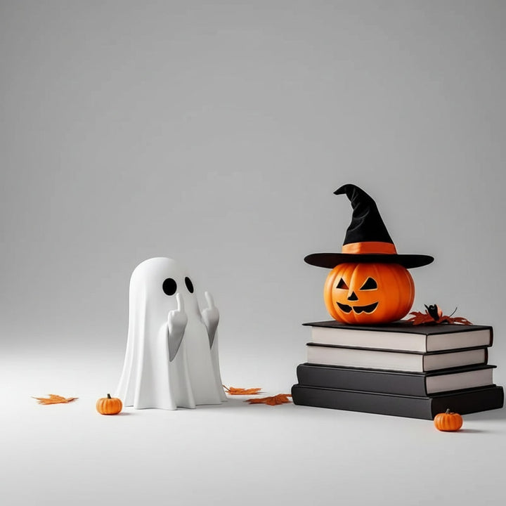Halloween Ghost Decor Figurine with Middle Finger Gesture Tabletop Statue Face Pumpkin Carve