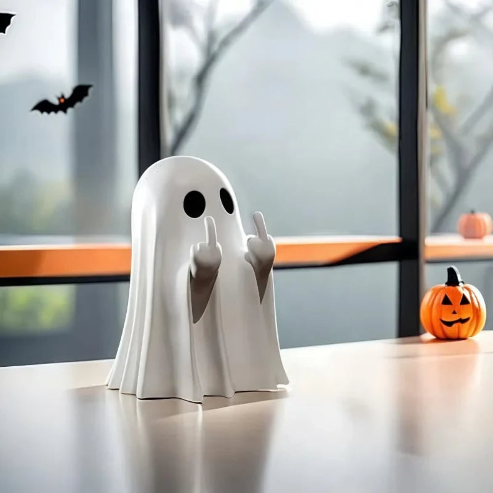 Halloween Ghost Decorations Figurine with Middle Finger Gesture and Resin Base for Tabletop Display