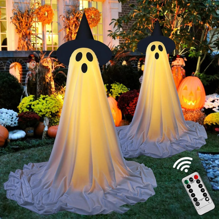 Halloween Ghost Decorations Outdoor with LED Lights and Witch Hats for Yard and Party Display